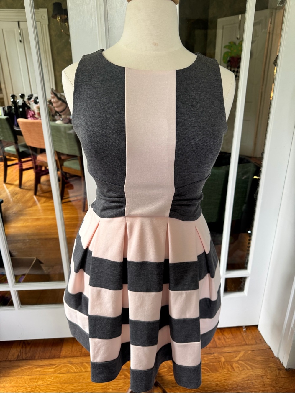 Elle Sleeveless Striped Fit-and-Flare Dress in Pink and Dark Gray